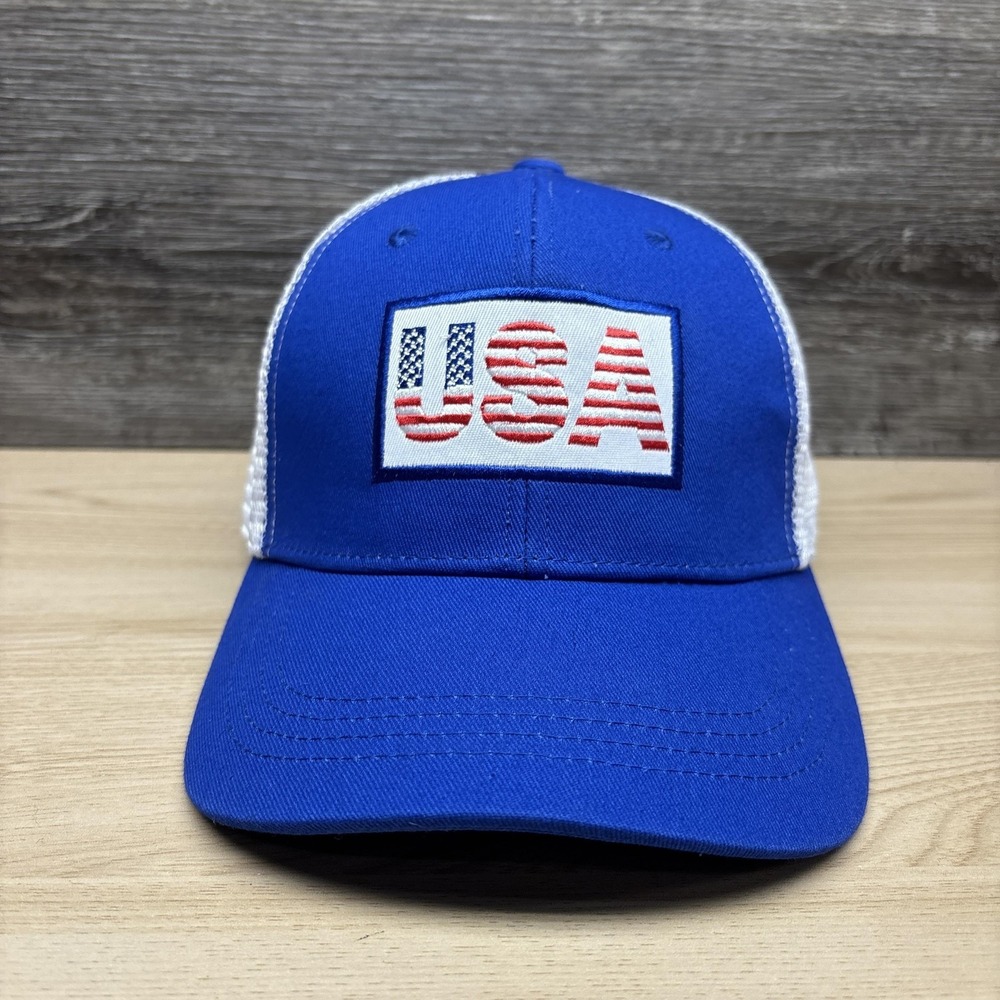 USA Hat Cap Snap Back Mens One Size Blue Mesh Trucker Flag Patriotic Patch